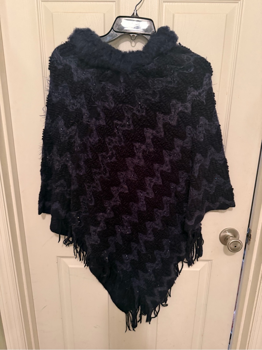 Navy Zigzag Knit Poncho with Faux-Fur Collar